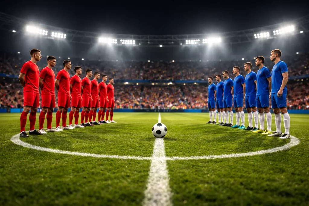 Twee voetbalteams op het veld bij een wedstrijd met doelpunten