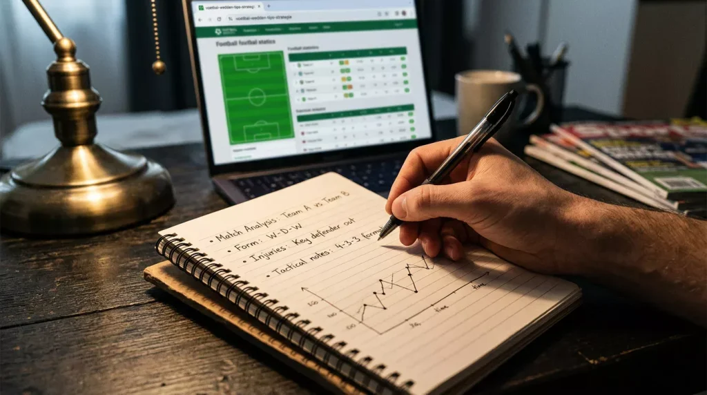 Notitieblok met voetbal wedden tips naast een voetbalveld