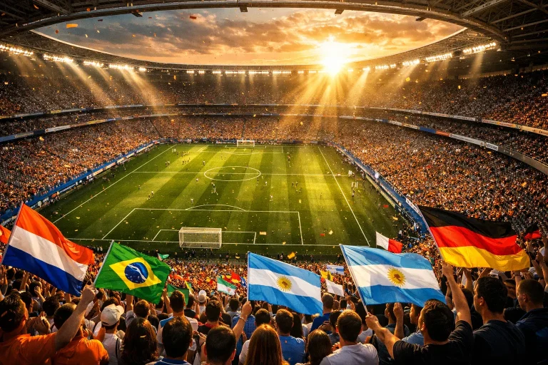 WK voetbal stadion met vlaggen van deelnemende landen